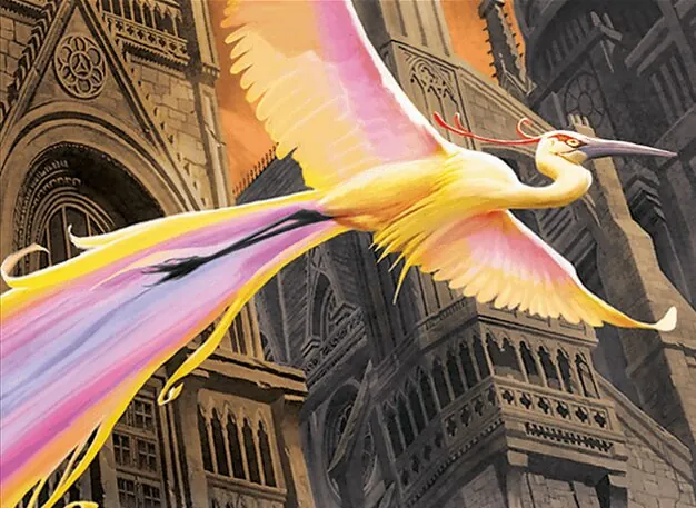 Birds of Paradise, a one mana creature that taps for any colour, the benchmark every other mana dork is measured against. Illustration by Marcelo Vignali.