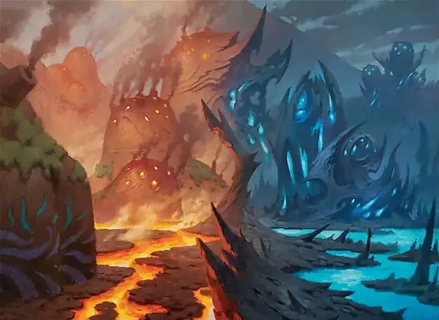 Steam Vents, a shock land, the dual land cycle that underpins nearly every multicolour deck in Modern. Illustration by Adam Paquette.
