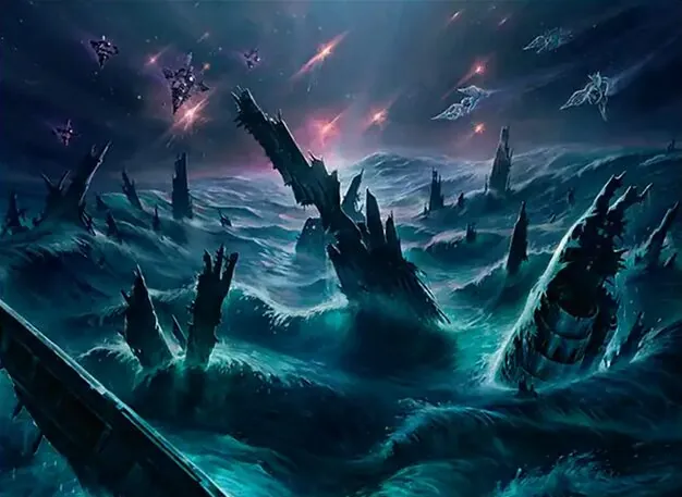 Watery Grave, the two basic land types on its type line, which is what lets a fetch land find it. Illustration by Sergey Glushakov.